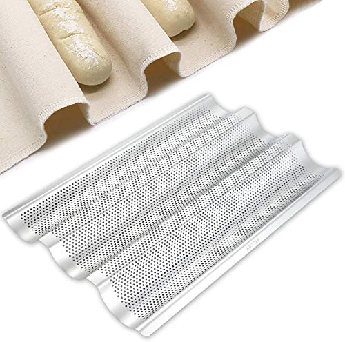 AYCCNH Stainless Steel Perforated French Baguette Bread Pan 3 Waves Toaster Oven Baking Tray (15x10) with Large Bread Proofing Cloth (17.7 x 30.3)