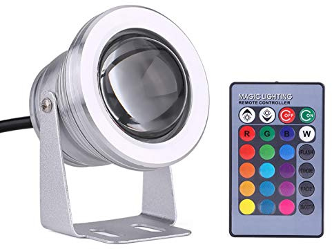 Akozon Marine 10W 12V RGB LED Waterproof Spotlight with Remote Control for Boat, Yacht, Aquarium, and Fountain - Silvery White