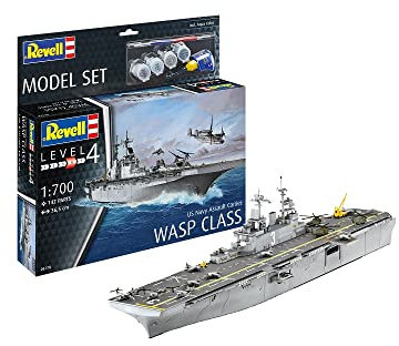 Revell Model Set 65178 US Navy Assault Carrier WASP Class 1:700 Scale Unbuilt/Unpainted Plastic Model Kit with Contacta Professional Glue, Paintbrush & Selected Aqua Color Paints