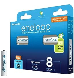 eneloop, AAA/Micro NI-MH Akku, 8er-Pack, Kapazität mit min. 800 mAh, Ready-to-Use NI-MH Akkus, bis zu 2000 Mal wiederaufladbar, plastikfreier Verpackung, Standard, weiß