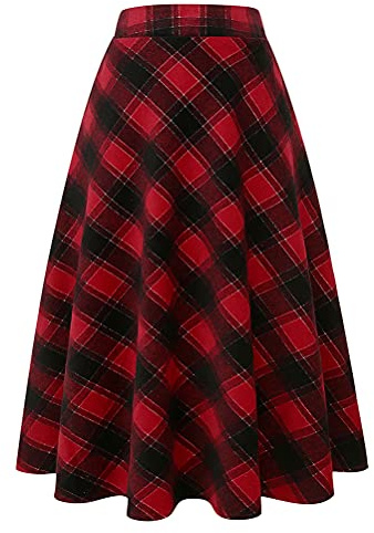 Lång rutig ullkjol för kvinnor vinter höst varm hög elastisk midja En linje utsvängd veckad ull tartan kjolar, vin, S