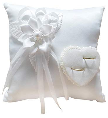 Pomrone Coussin pour Bagues Mariage, Porteur Coussin Bague, Cœur Blanc Romantique, Lavable, Douce, 20cm × 20cm
