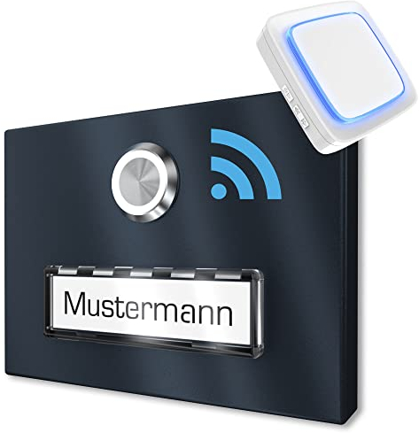 Graviers Funkklingel – Türklingel aus Edelstahl in Anthrazit mit anpassbarem Schild, kabellos, 160x120 mm, wetterfest, einfache Wandmontage, 300 m Reichweite