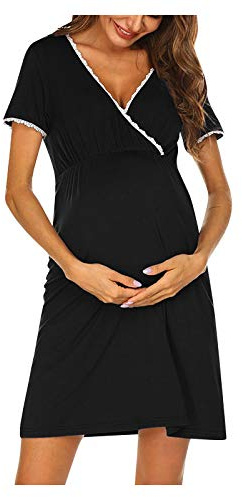 Stillnachthemd Damen Baumwolle Kurzarm Geburtskleid Umstandsnachthemd V Ausschnitt Mutterschaft Nachthemd Schlafhemd Pyjama Umstandskleid Schlafshirt Frauen Kurz Nachtwäsche Umstandsmode (Black, S)