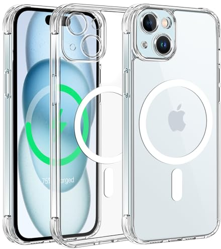 Qasyfanc Hybrid Magnet Hülle Kompatibel mit iPhone 15 KameraschutzHülle, Magnetisch für Dünn Transparent Militärschutz Hülle iPhone 15 Case, Klar