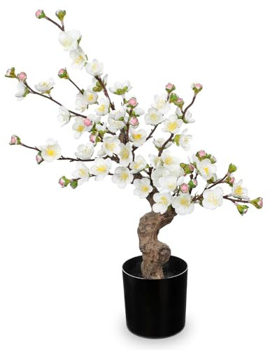 Arborus Cherry Blossom Artificial Flowers in Black Pot 44cm Artificial Bonsai Tree Indoor Plant Tall Fake White Plum Blossom Tree Faux Floral Plant for Home Table Office Bedroom Farmhouse Decoration