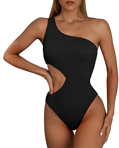 Generico Costume da Bagno Intero Donna Nero con Volant Sexy Monospalla Contenitivo Pancia Piatta (Black, XL)