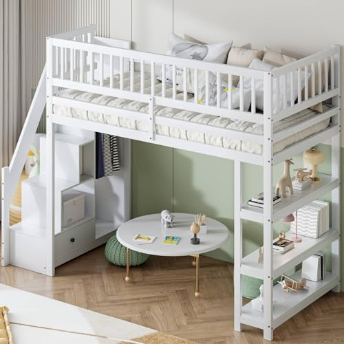 KOMHTOM Hochbett für Einzelbett mit Treppe, Schrank und Regalen, weiß, aus Holz mit Geländer (Matratze nicht im Lieferumfang enthalten)