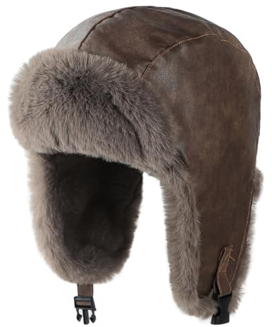 Fliegermütze Herren Winter Trappermütze Kunstleder Wintermütze Kunstfellfutter Warm Russenmütze mit Ohrenklappen Fellmütze Winddicht Trapperhut Vintage Pilotenmütze für Outdoor Skaten