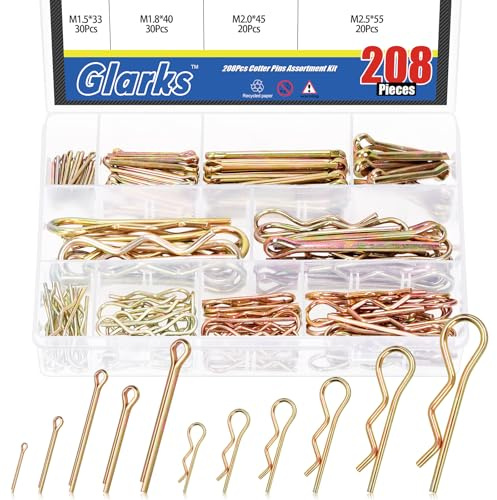 Glarks 208pcs 11 Sizes Cotter Pin and Hairpin R Clips Assortment Kit, 12 Sizes Colored Zinc Plated Hair Pins R Clips Hitch Pins Set for Small Engine, Automotive, Cars and Trucks