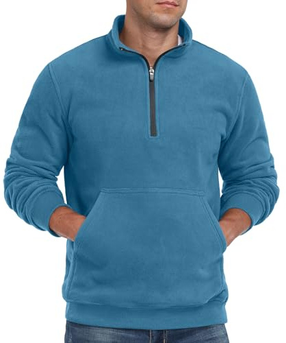 QIXING Mens Oversized Half Zip Sweatshirt Polar Fleece Pullover with Turtleneck and Ribbed Edges - Warm Soft Jumper Top for UK(Blue, L)