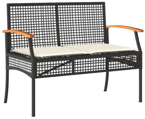 ULUYYUC Outdoor Bank Balkon Bank Balkonbank Kleiner Balkon Gartenbank Klein - Gartenbank mit Kissen Schwarz Poly Rattan Akazienholz für Garten Balkon Parks Innenhof