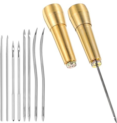 HJZHII 2 Set Ahle Werkzeug,8 Stück Ledernadel Nähahle Ahle,Leder Reparatur Set Kupfergriff Kegel Aus Segeltuchleder mit Messinggriff Leder Schuhmacher Ahle für DIY Näharbeiten Reparaturen