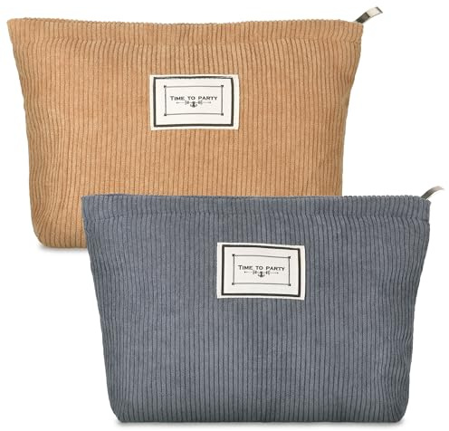 Huiguli Schminktasche für Frauen, 2 Stück Cord Make up Tasche Groß, Reise Tragbare Schminktasche mit Metall Reißverschluss für Mädchen Frauen Damen, Khaki und Blau