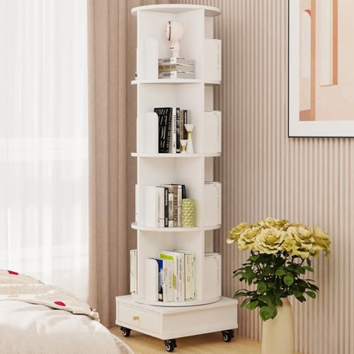 Lvhcmfohm Drehbares Bücherregal mit Rollen, Drehregal Buchregal Bücherschrank, Bookcase 360°frei Drehbar mit 4 Ebenen und Schubladen (Weiß, 40x40x147cm)