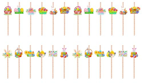 ROYJJ Pack Of 24 Eggs Rabbits Paper Straw Beverage Drinking Straw for Parties and Event Kitchen Drinkware Accessories Easter Disposable Paper Straws