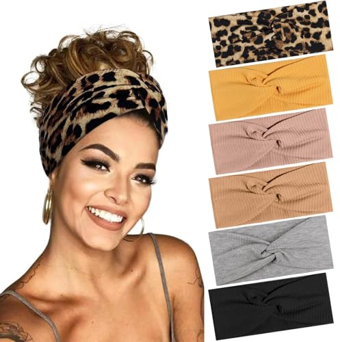 BELEVO 6 Stück Haarband Damen, Elastische Stirnband Damen Dünn Rutschfest Haarbänder Weiches Headband Hair Band für Yoga Exercise Workout Laufen Gym (Leopardenmuster, Einfarbig)