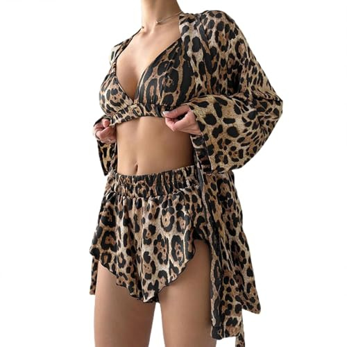 CRETUAO Ensemble de Pyjama léopard pour Femme, Lot de 3 Soutiens-Gorge à Lacets Sexy, Short, vêtements Nuit,Cardigans décontractés d'été, Chemise de Nuit,vêtements de détente,Léopard,S