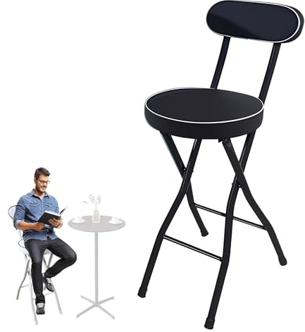 Generico Sgabello Alto Pieghevole Imbottito con Schienale, Sedia da Bar Richiudibile 75 70 65 60 55 cm con Poggiapiedi per Cucina, Ufficio, Negozio(Nero,60cm (24inch))