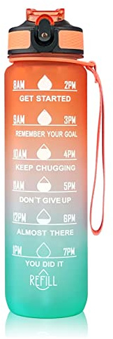 Motivierende Wasserflasche mit Strohhalm und Zeitmarkierung, auslaufsicher, Klappverschluss, Sportflasche für Fitness, Fitnessstudio, Workout, Laufen, Radfahren, 1 l