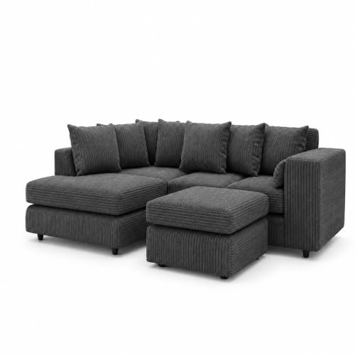 Gamzo Outlet Sofa Corner Sofa L Shape Jumbo Cord Fabric Square Settee Seater Suite Footstool (Left Hand Facing, Grey)