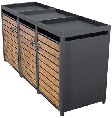 HORI Mülltonnenbox, Tonnenbox, Abfallschrank, witterungsbeständig, abschließbar, Pflanzdach wählbar, für 3 Tonne Farbe: Holzdesign mit Pflanzendach