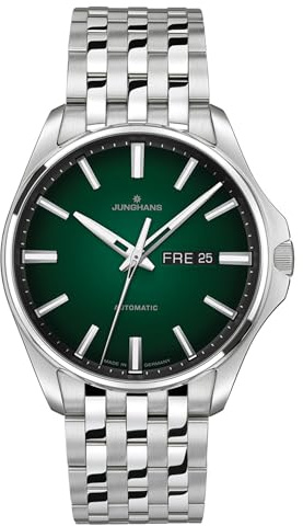 JUNGHANS Meister S Herrenuhr Automatik Stahl/Dunkelgrün 27/4518.44 | Made in Germany, markante Armbanduhr mit poliertem Edelstahl-Gehäuse und Sunray-Zifferblatt für Männer