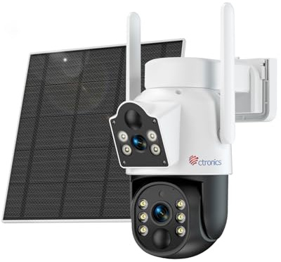 Ctronics Dual-Objektiv Überwachungskamera Aussen Solar, 9800mAh Akku | 6W Solarpanel, Licht&Ton Alarm, PIR & Menschenerkennung, PC/App, 2K 3MP WLAN IP Kamera, 128GB & Cloud, 2.4G WiFi