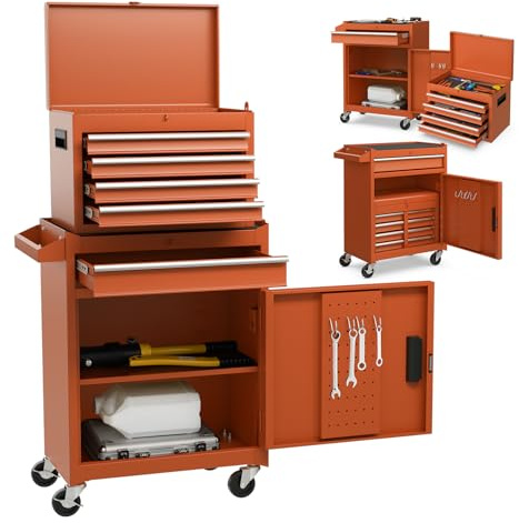 GYMAX Servante d'Atelier Outils, Coffre Amovible, 5 Tiroirs, 2 Grande Étagère, Chariot d'Atelier avec 4 Roues Universelles(2 avec Freins), Caisse à Outil Roulante, Établi Bricolage Automobile (Orange)