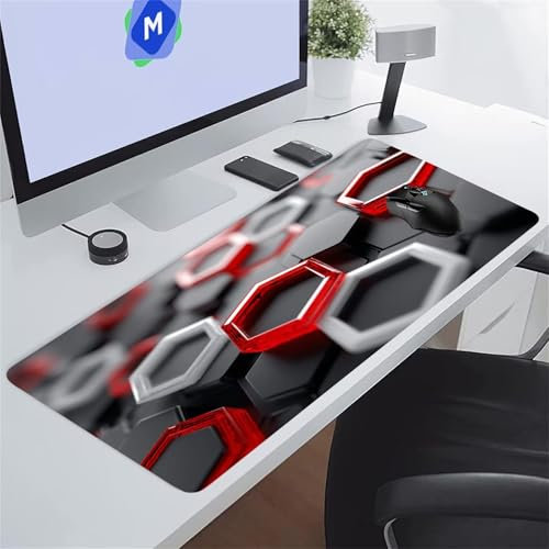 Tapis de Souris Gaming Géométrique Rouge Blanc XXL Mouse Pad, Grand Tapis Bureau avec Base Anti-Dérapage, Extended Long Clavier Pad Large Mousepad pour PC Gamer et Le Bureau 900x400x3 mm