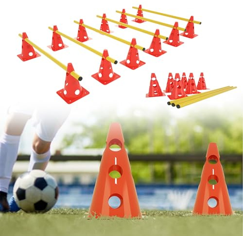 QEENTOE 6 stück Vielseitiges Koordinationstraining Set Höhenverstellbar Sports Steckhürdenset (Ink.12 Kegel + 6 Stangen) für Kinder Hunde Agility Training Koordinationstraining