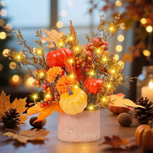 FUFRE Herbstdeko Lichterbaum Ahornblatt Kürbis, Herbst Tischdeko Ahornblatt Kürbis mit 2m LED Lichterkette, Herbst Künstliche Blumen im Topf, Herbstblumen Ornamente für Erntedankfest Tisch Innen (A)