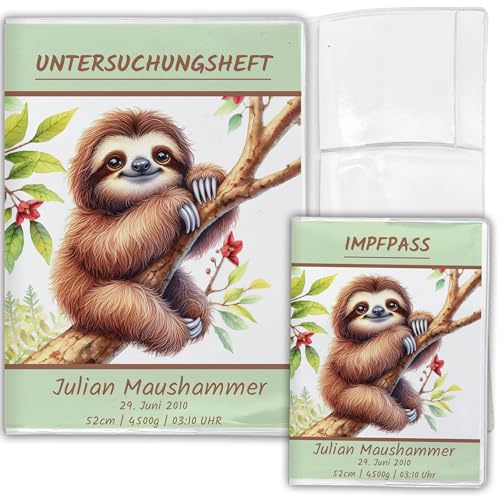 Personalisierte U-Heft Hülle & Impfpasshülle, 3-teilig, Faultier | Set 2-teilig oder 3-teilig, mit Name & Geburtsdaten, Geschenk zur Geburt