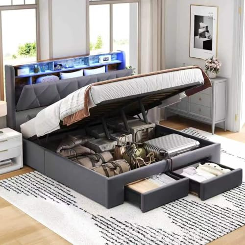 Miyemo Double Bed Frame with Storage Drawers, 4ft6 Upholstered Ottoman Bed with Headboard Storage & Hydraulic, Velvet Bed with Charging-Station & LED-Lighting, 135x190cm, Grey, (No Mattress)
