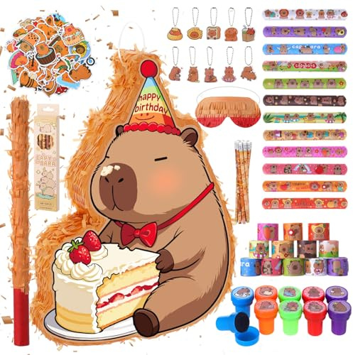 Camptrip Piñata d'anniversaire Capybara avec tige et masque pour filles et garçons - Capybara - Avec 96 remplissages - Pinata de fête pour enfants à suspendre - Décoration de fête - 43 x 31 x 7 cm