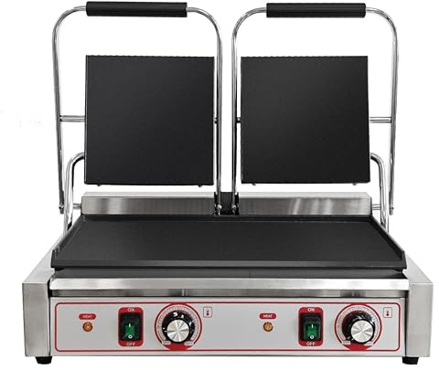 Commercial Double Panini Press, 3.6KW Heavy-Duty Contact Grill, Stainless Steel with Non-Stick Plates, Temperature Control 50-300°C, 56x36x21cm