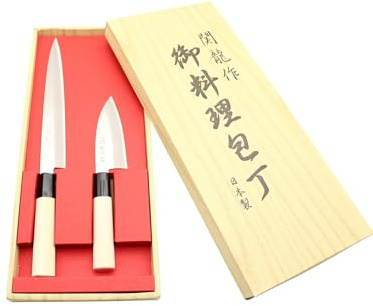 Cocktail7 Set de 2 Couteaux Traditionnels Japonais Special Poisson, Coffret Couteau Sashimi Yanagiba 21cm + Couteau Mini Deba 10.5cm, Lame Acier Inoxydable 420J2, Mitre en Nylon, Fabriqué au Japon