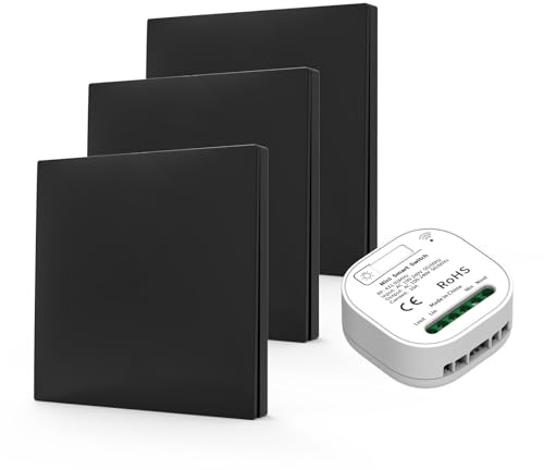 LAXYLS Interruptor Sin Pilas, 3 Interruptores de Iluminación Sin Pilas 230 V con Receptor AC 100-240 V 10 A RF433 Va y Viene Sin Pilas Kit (Negro 3 interruptores + 1 kit receptor)
