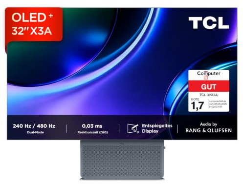 TCL 32X3A Monitor Gaming 32 Pulgadas OLED+, 4K UHD 240Hz, 480Hz FHD, 1300 nits, 0,03ms GtG, Pantalla Mate, AMD FreeSync Premium Pro, HDMI 2.1, Bang & Olufsen, USB-C (PD 90W)