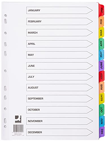 Q-Connect Karteikarten KF01524, mehrfach gelocht, Januar-Dezember, mehrfarbig, A4, vorgedruckte Registerkarten