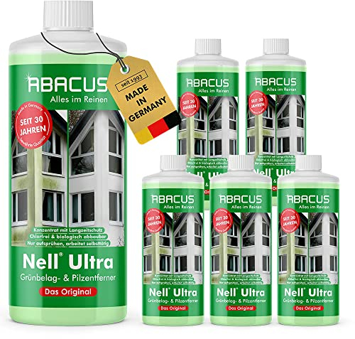 ABACUS® Nell Ultra Grünbelagentferner & Algenentferner Konzentrat, extrem stark! Entfernt Grünbelag & Algen selbsttätig ohne zu Schrubben – für Stein, Fassade, Terrasse, Dach – Nell Ultra 6x 1000 ml