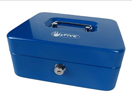 Hyfive® Petty Cash Box 8 200mm Supplied With 2 Keys and Removable Change Tray, Perfect Secure Storage For Loose Change, Blue Metal Cash Box