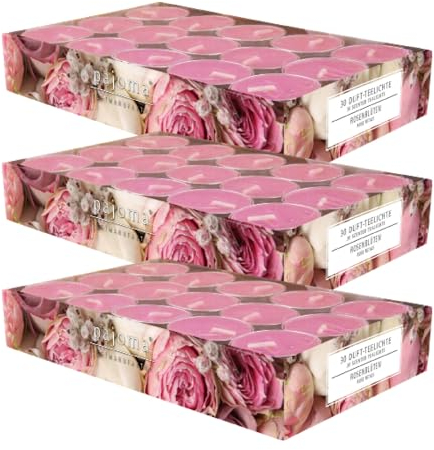 pajoma® Teelichte 6pajoma® Teelichte 3er Pack, Rosenblüte | 90 Duft-Teelichte in Aluminiumhülle, Brenndauer ca. 4 Stunden - Höhe 1,5 cm ø 3,5 cm | Premium Qualität | Gastronomie, Outdoor, Windgläser