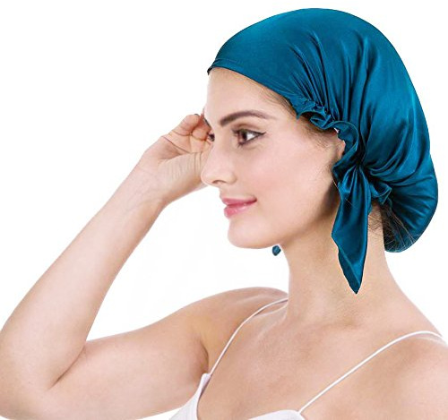 OROPY Cuffia da Notte per Capelli Donna Seta Dormire Berretto Beanie Cappellino in Seta Elastico Bellezza Copertura dei Capelli (Blu Pavone, Taglia Unica)