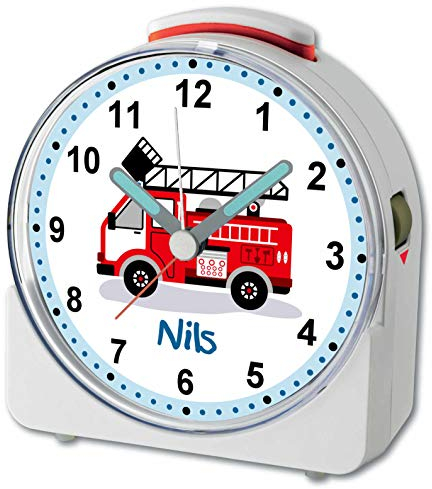 CreaDesign Personalisierte Kinderwecker mit Namen 10,2x4,6x11cm, Weiß funkgesteuerter Kinderwecker, geräuschloses Sweep-Uhrwerk, fluoreszierenden Zeiger & Licht,Feuerwehr Design Kinder Analog-Uhr