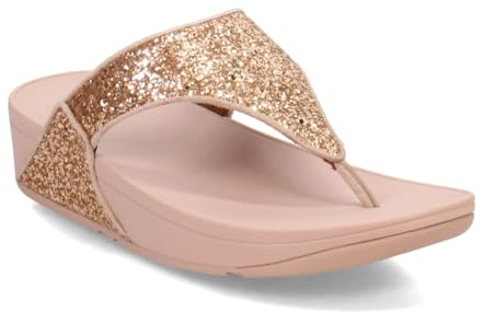 Fitflop Women's LULU Glitter Toe-Thongs Wedge Sandal, Rose Gold, 5 UK