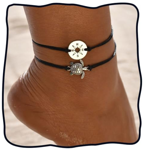 Handcess Boho-Fußkettchen, Doppel-Fußkettchen, Silberfarben, Schildkröte, Knöchel-Armbänder, geflochtene Kompass-Fußkette für Damen und Mädchen