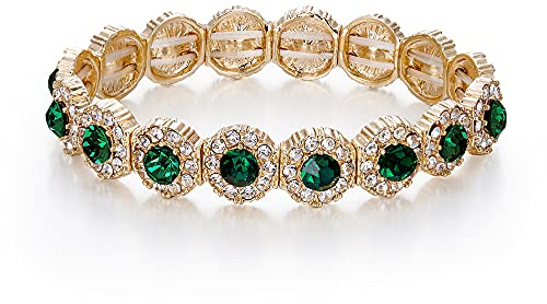 Clearine Pulsera de Mujer Boda Nupcial Cristal Rhinestone Perla Brazalete elástico Claro Verde Tono Dorado
