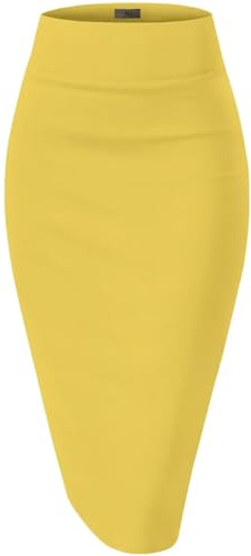 Womens Premium Nylon Ponte Stretch Office Pencil Skirt Made Below Knee KSK45002 1073T Yellow M