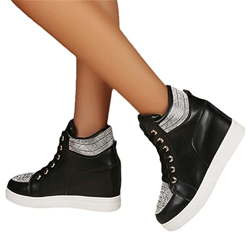 EGSDMNVSQ Sneakers Donna Scarpe da Ginnastica Zeppa Interna Alte Stringate con Tacco Nascosto Casual Scarpe con Strass Pelle Eleganti Moda
